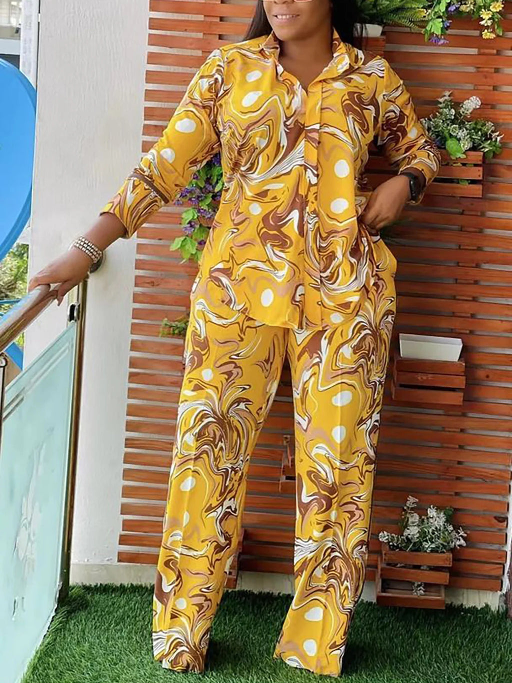 Balcony Relaxation Essential! Yellow and Brown Printed Set, Perfect for Chilling