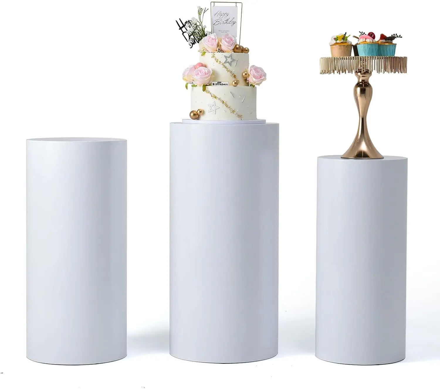 Set Of 3 Metal Cylinder Pedestal Stands For Party, Round Display Pillars For Wedding Birthday/ Dessert Table/ Art Decor