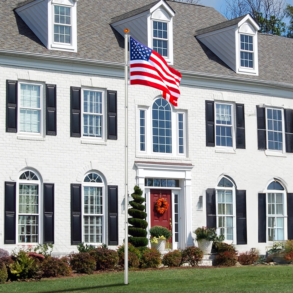 Telescopic Flag Pole Kit, 20FT Height Adjustable/ Heavy Duty Aluminum Flagpoles with 5x3 US Flag & Golden Ball Topper for Yard/ House Ground Residential Commercial