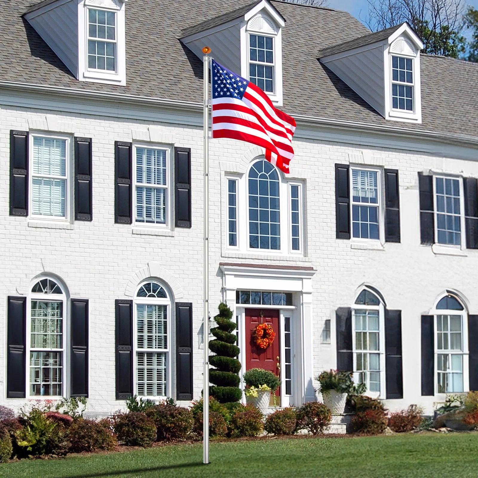 Telescopic Flag Pole Kit, 20FT Height Adjustable/ Heavy Duty Aluminum Flagpoles with 5x3 US Flag & Golden Ball Topper for Yard/ House Ground Residential Commercial