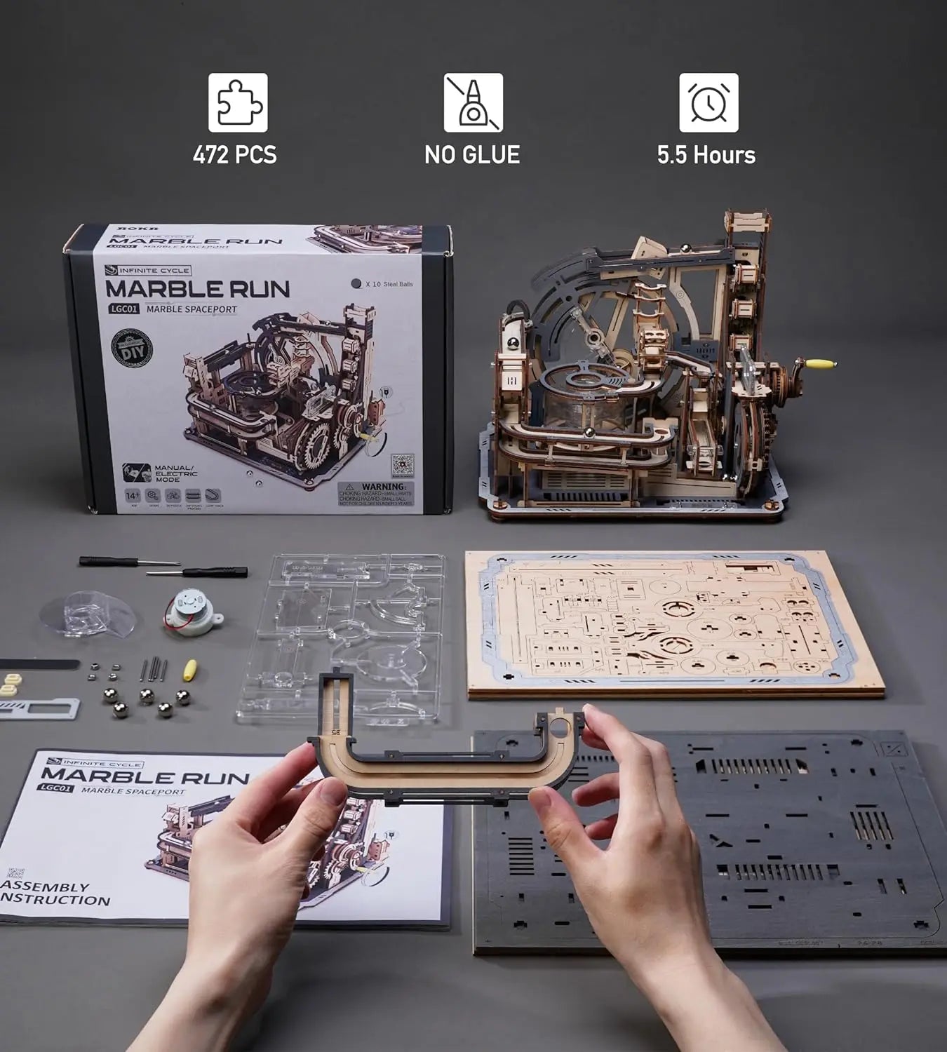 ROKR Electric Model Kits Marble Spaceport 3D Puzzles Brain Teaser Wooden Puzzles Building Toy Gifts for Men/Women/Teens