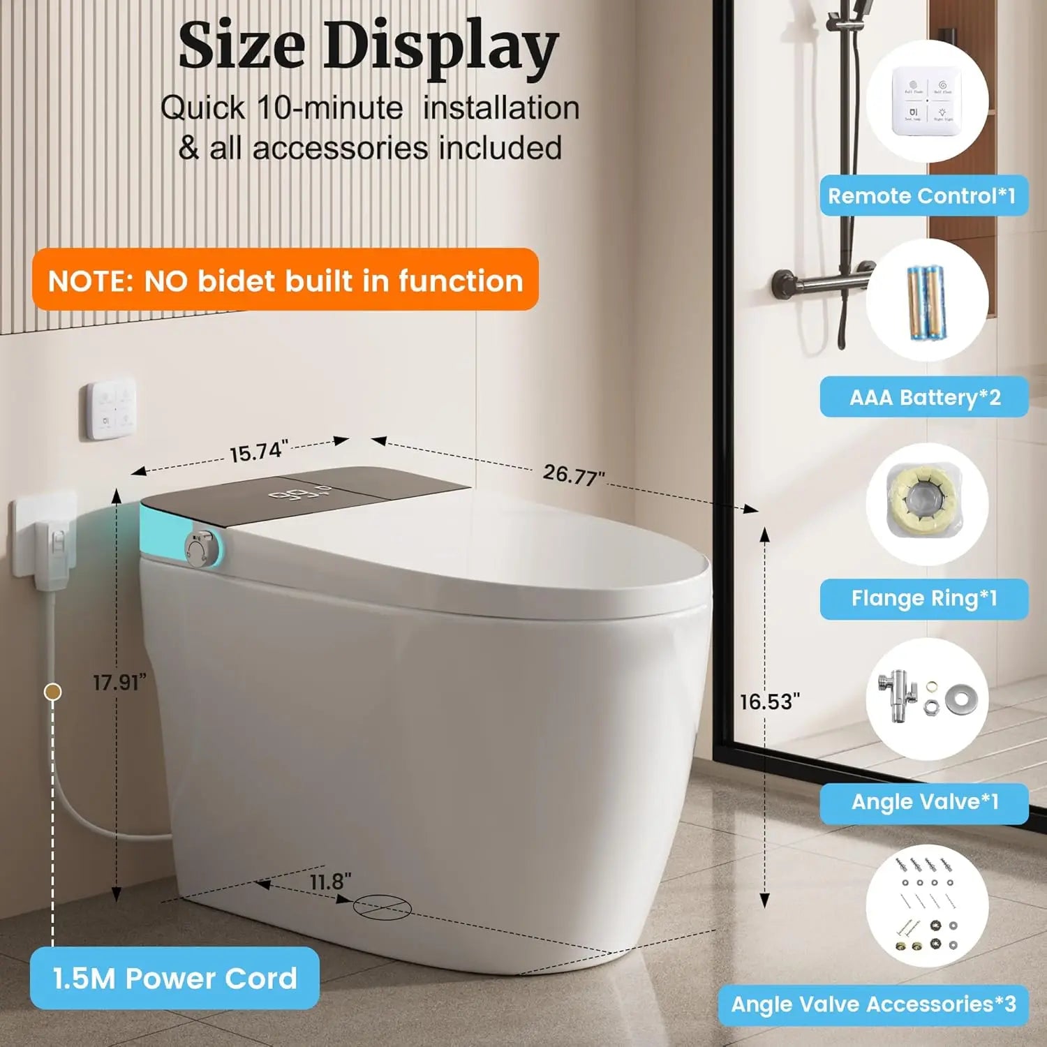 Smart Toilet with Heated Seat, Auto Flush, Dual Flush 0.8/1 GPF, Night Light, ManualSoft Close Seat & Lid
