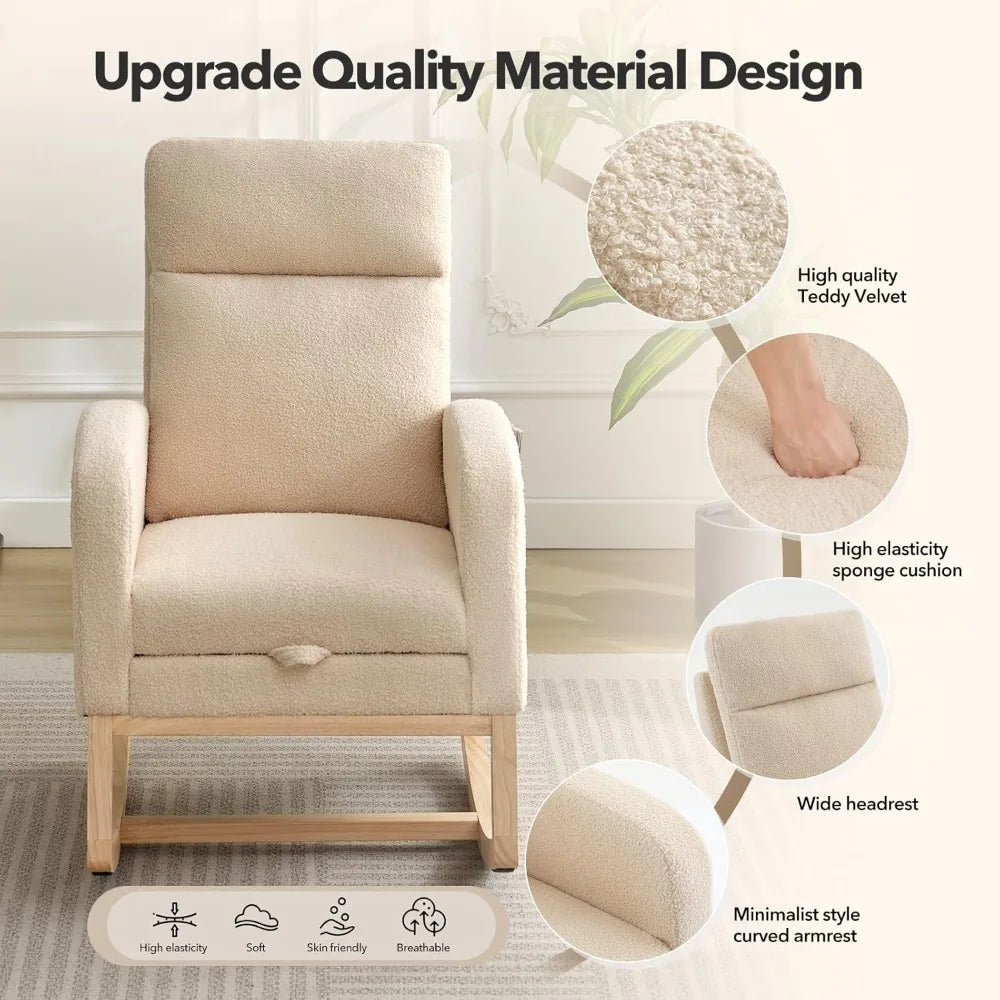 Modern Upholstered Glider Rocking Chair with Side Pocket, High Backrest and Padded Seat for Nursery and Living Room