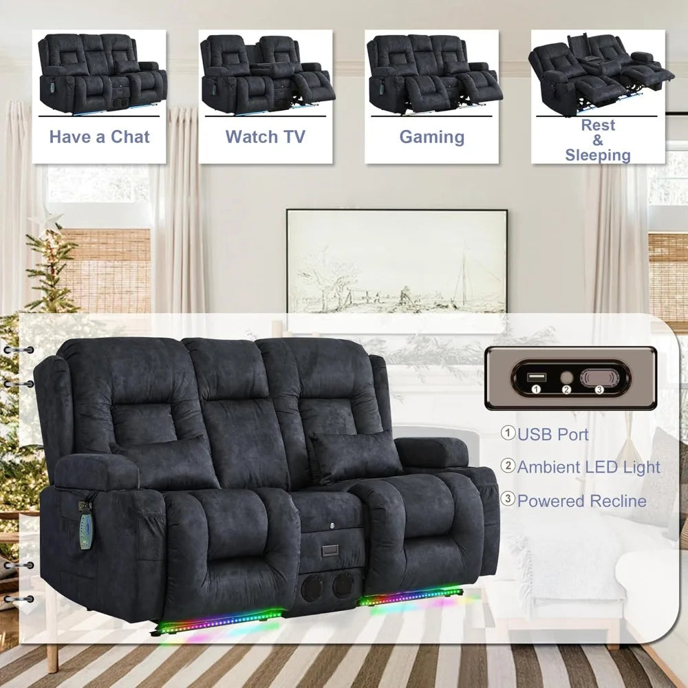 Massage and Heat Power Loveseat Recliner Sofa with Home Theater Seating and USB/Outlet Console for TV