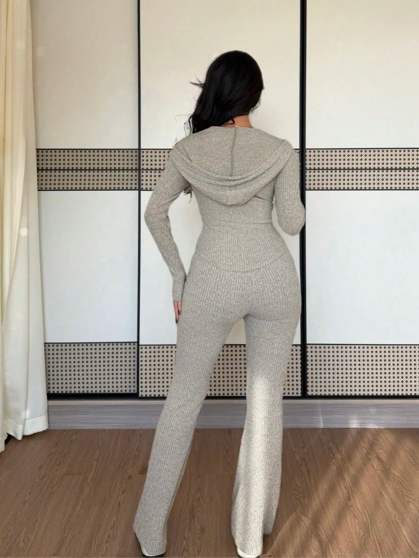 Women's Ribbed Knit Hooded Zip-Up Sweatshirt & Flare Pants/ 2-Piece Set for Autumn/ Winter/ Casual Wear