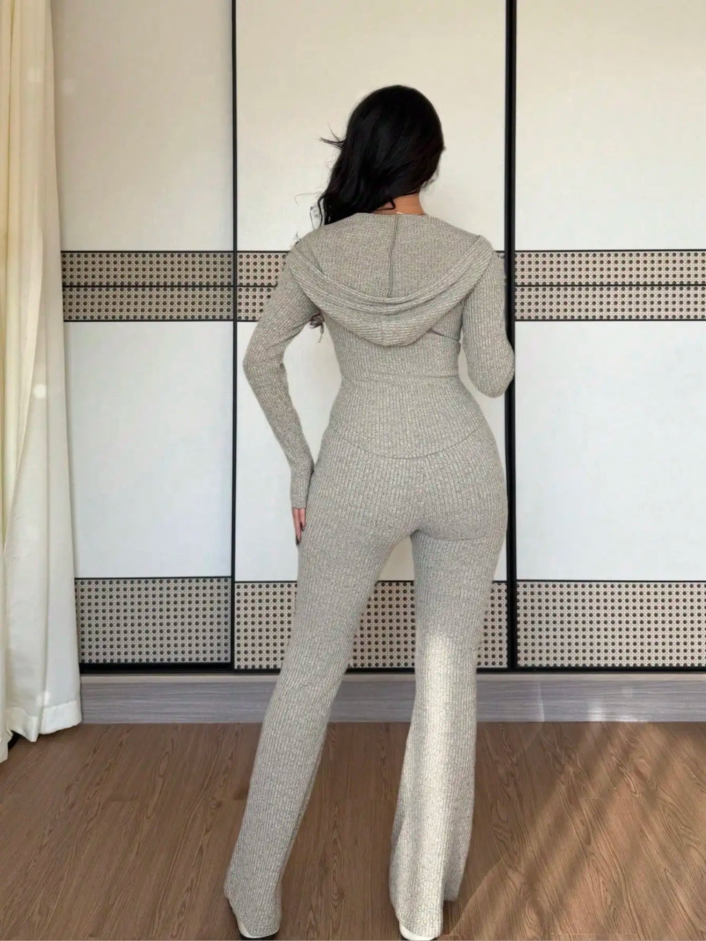 Women's Ribbed Knit Hooded Zip-Up Sweatshirt & Flare Pants/ 2-Piece Set for Autumn/ Winter/ Casual Wear