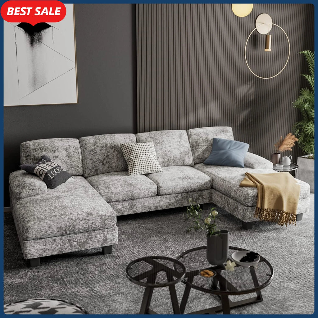 Convertible Sectional Sofa Couch, 4 Seat Sofa Set for Living Room U-Shaped Modern Fabric Modular Sofa Sleeper with Double Chaise