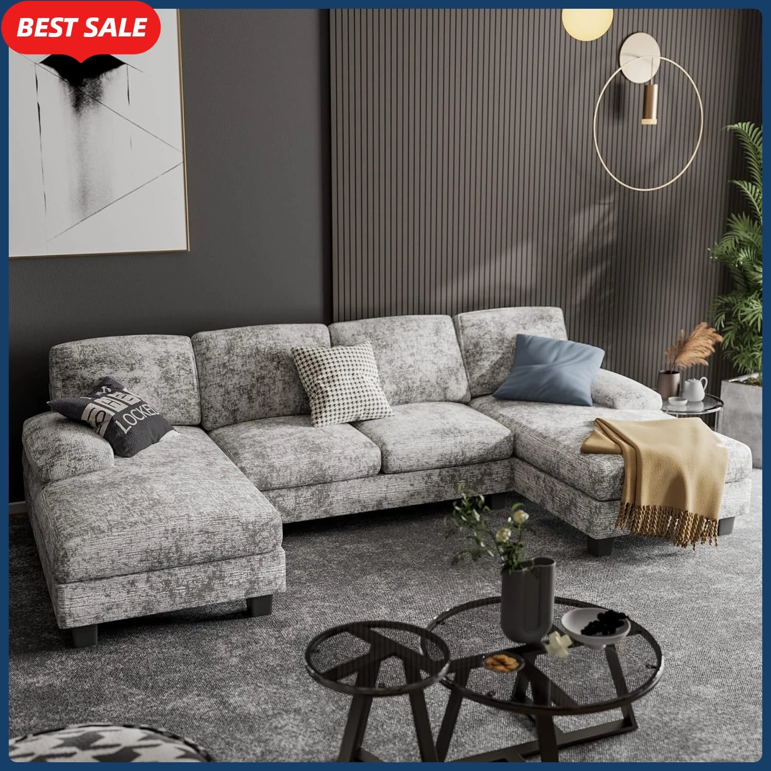 Convertible Sectional Sofa Couch, 4 Seat Sofa Set for Living Room U-Shaped Modern Fabric Modular Sofa Sleeper with Double Chaise