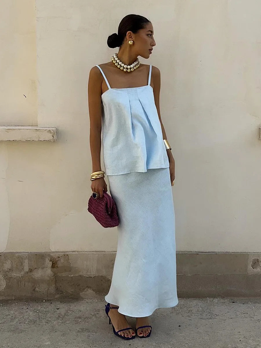 2026 Spring Summer New Cotton Women's Cami Skirt Set Elegant Lazy Cami Mermaid Maxi Skirt Two-Piece Outfit