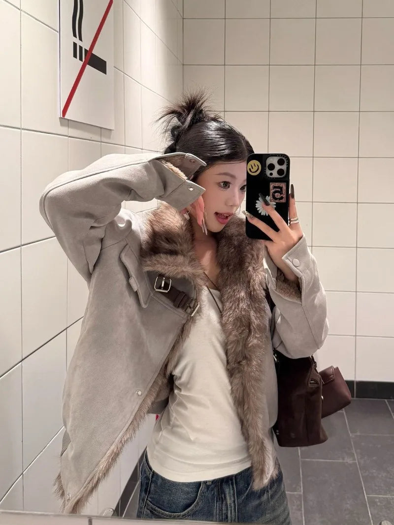 Winter Solid Color Motorcycle Suit, Slim Plus Velvet Short Coat, Female Fur Collar, Splicing Stand Collar, Casual Joker Jacket