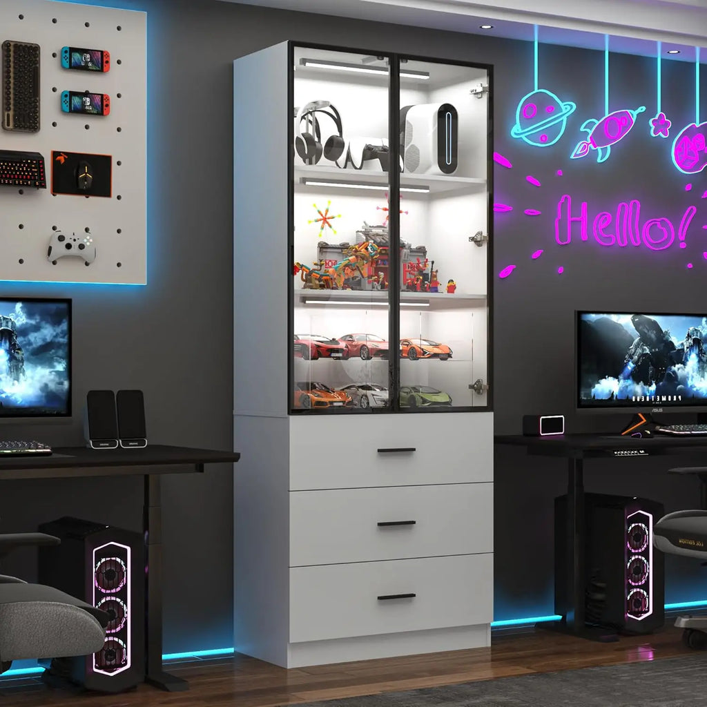 79" Tall Display Cabinet with LED Sensor Light & Pop-up Glass Doors & Drawers, Modern Bookcase/ Curio Storage Cabinet