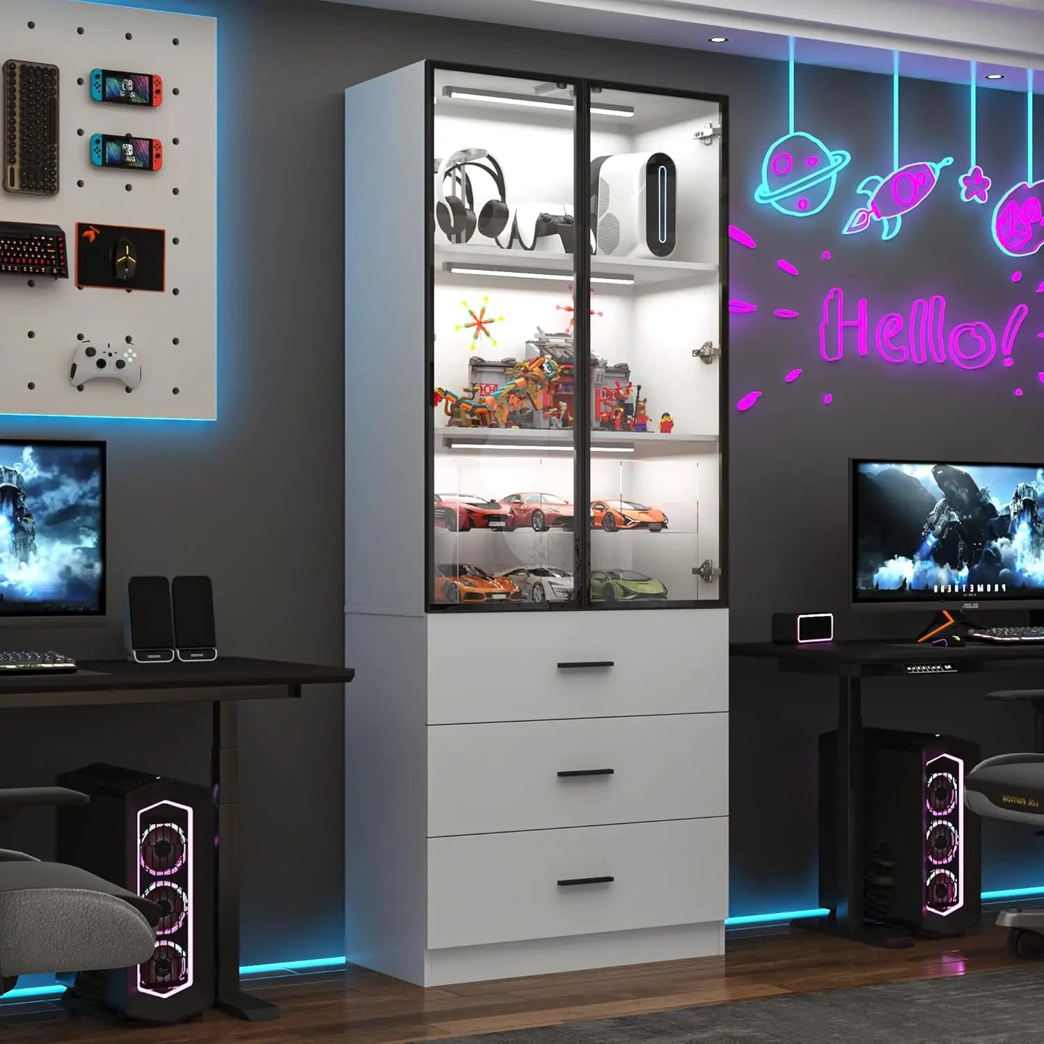 79" Tall Display Cabinet with LED Sensor Light & Pop-up Glass Doors & Drawers, Modern Bookcase/ Curio Storage Cabinet