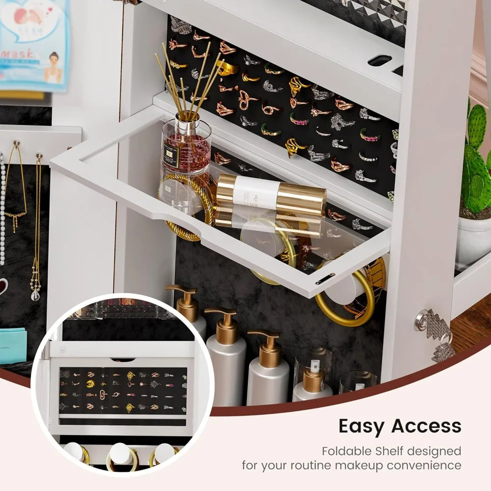 LED Mirror Jewelry Cabinet Standing, 360°Swivel Jewelry Armoire with Full Length Mirror, Mirror with Jewelry Storage and Large