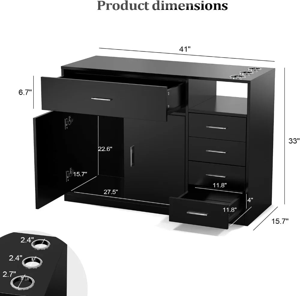 Professional Salon Station with 5 Drawers, Storage Cabinet & Hair Dryer Holders for Barber Shop