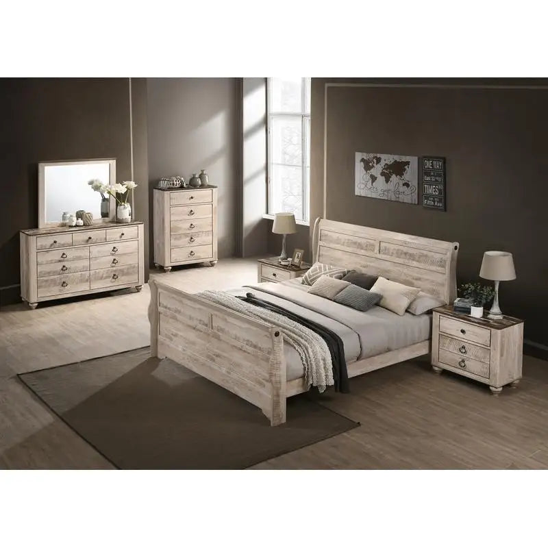 Contemporary White Wash Finish King Sleigh Bed Bedroom Set with Dresser, Mirror, 2 Nightstands, and Chest