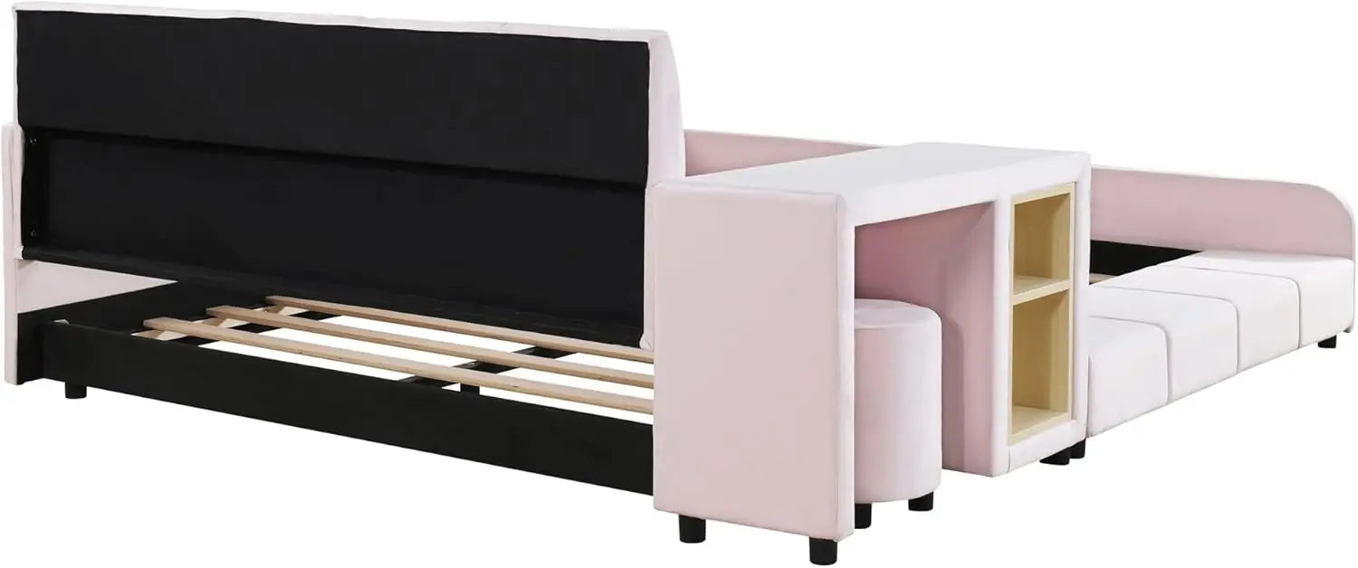 Velvet Upholstered Grounded Platform Bed, Wooden Full Size Mother & Child Bed Frame with Bedside Desk and Little Round Stool