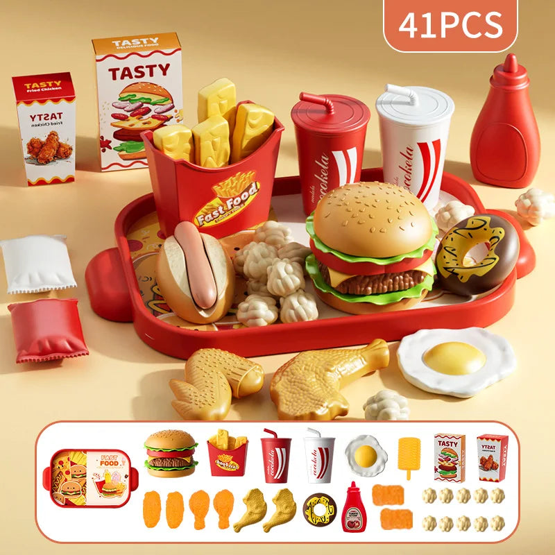 Kid Kitchen Toy Set /Simulation/ Make Hamburgers, Pizza, Fries, Pretend Play Food Cooking/ Cutting Game/ Montessori Interactive Toy Gift