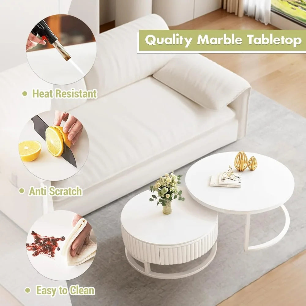 Round Marble Coffee Table with Storage Round Nesting Coffee Table Set of 2 Modern White Coffee Tables for Living Room Coffee Table