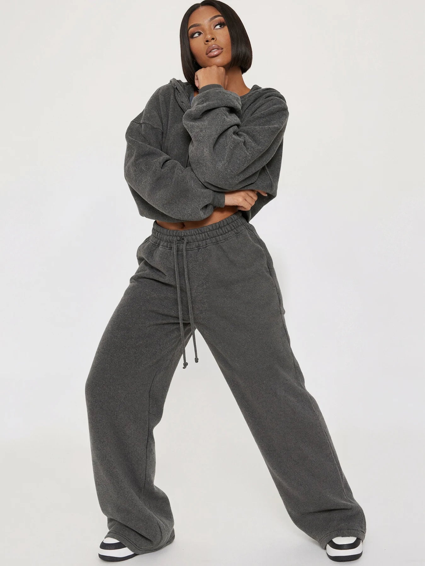 New Women's Solid Color Long Sleeve Hooded Zipper Sweatshirt and Casual Joggers Set