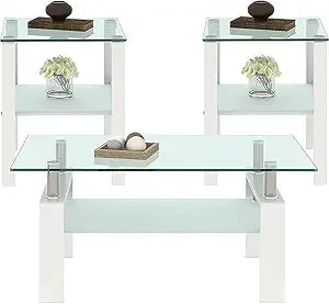 Black Glass Coffee Table Set of 3 Piece, Living Room Tables Set of 3 Pcs, Including 1 Coffee Table and 2 End Side Tables, Metal