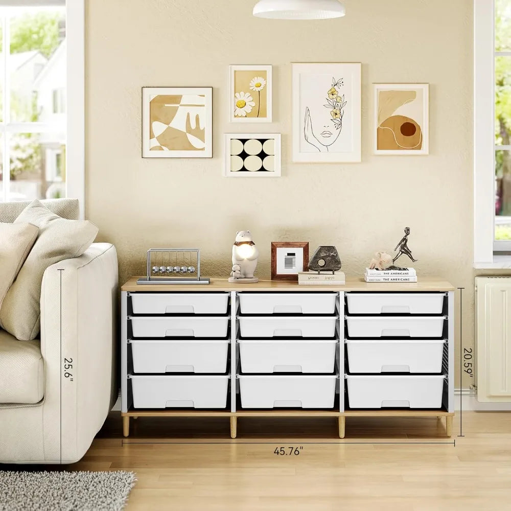 12-Drawer Storage Cabinet with Wooden Top for Home, Living Room, Bedroom, and Classroom Organization