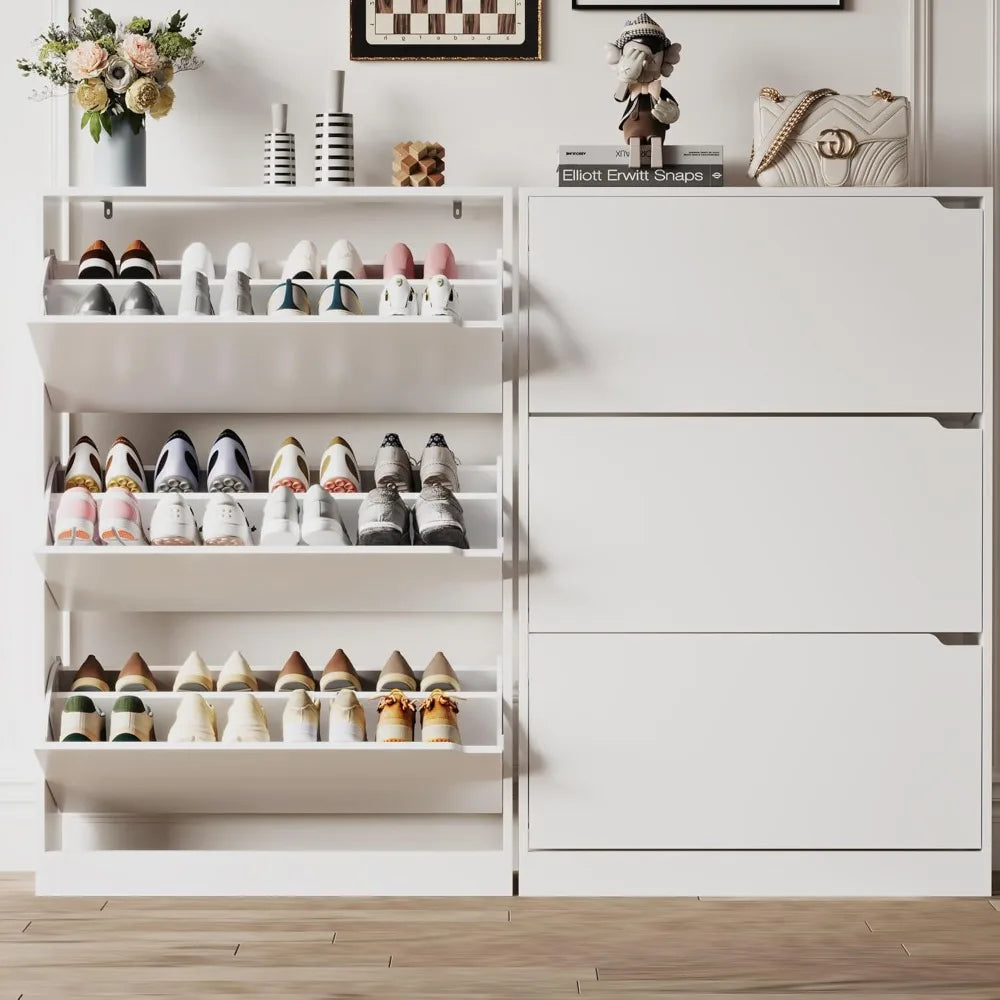 Shoe Storage Cabinet for Entryway with 3 Flip Drawers, Sturdy Wood Hidden Shoe Storage, Freestanding Narrow Slim Shoe Organizer