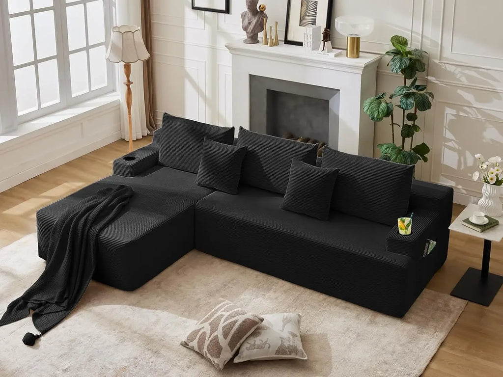 Cloud Sectional Couch Corduroy L-Shape Chaise Modular Sofa Deep Seat Boneless Couch Upholstered Living Room Furniture