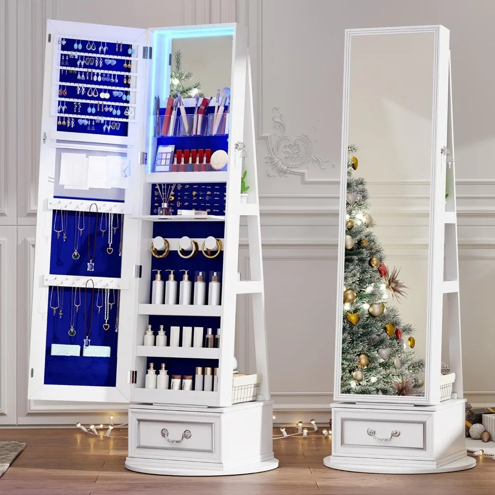 Mirror Jewelry Cabinet Standing, 360° Swivel Jewelry Armoire with Full Length Mirror, Lockable Mirror with Jewelry Storage
