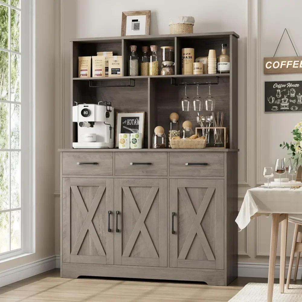 Buffet Cabinet with Hutch, Farmhouse Kitchen Buffet Sideboard Storage with 3 Drawers, Barn Door Coffee Bar Station/ Liquor