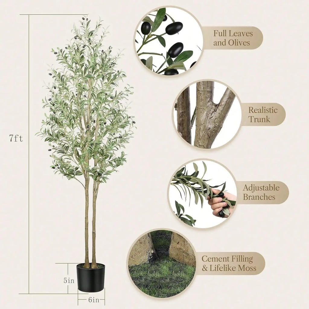 Artificial Olive Tree - 5-7ft (60-84in) Realistic Silk Plant with Natural Wood Trunk and Lifelike Fruit