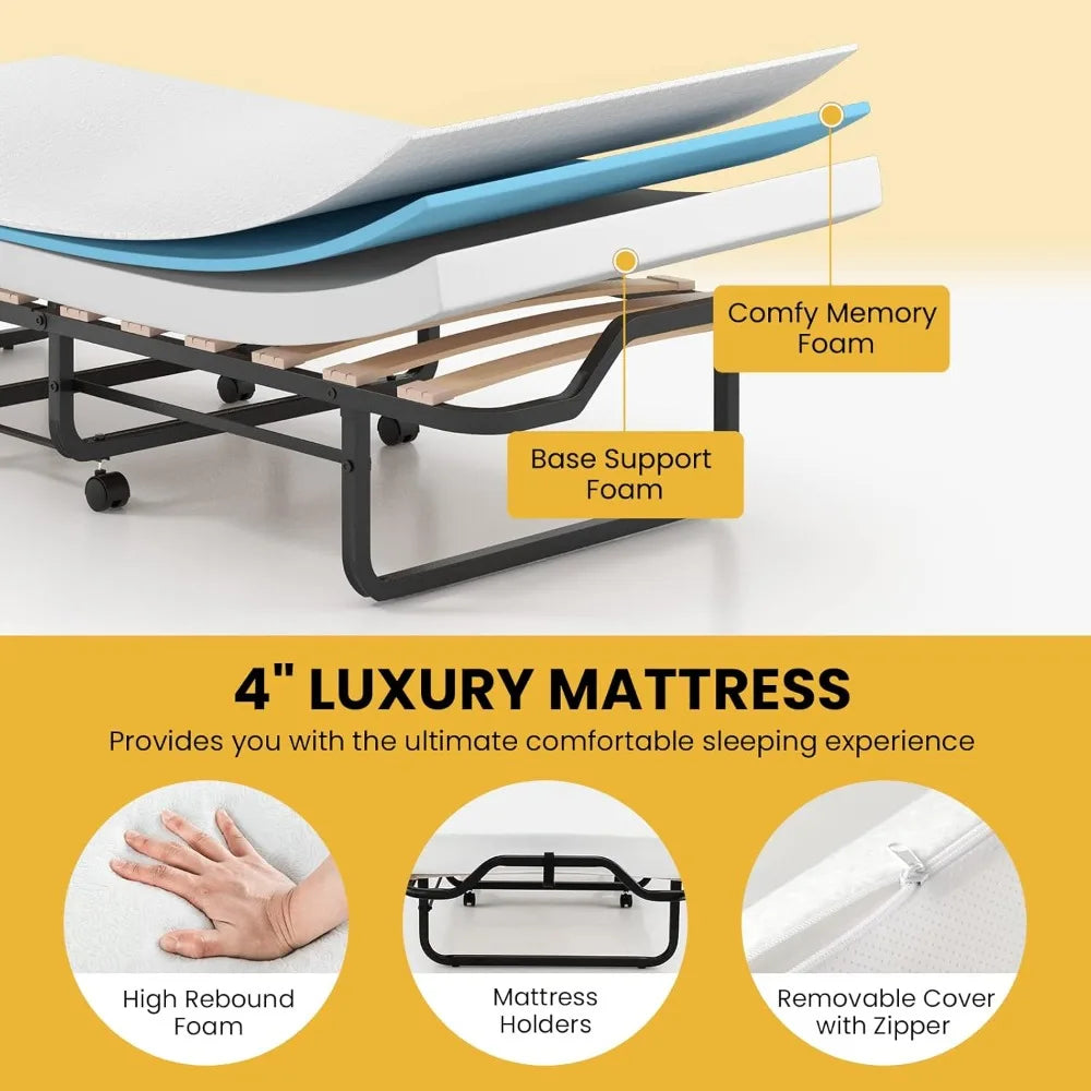 Folding Bed with Mattress for Adults, Cot Size Rollaway Bed for Guest, Portable Foldable Bed w/Memory Foam Mattress & Metal Fra