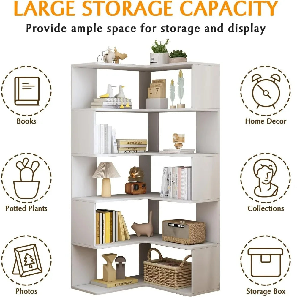 White 66" High 6-Tier L-Shaped Wooden Corner Bookshelf with Open Shelves
