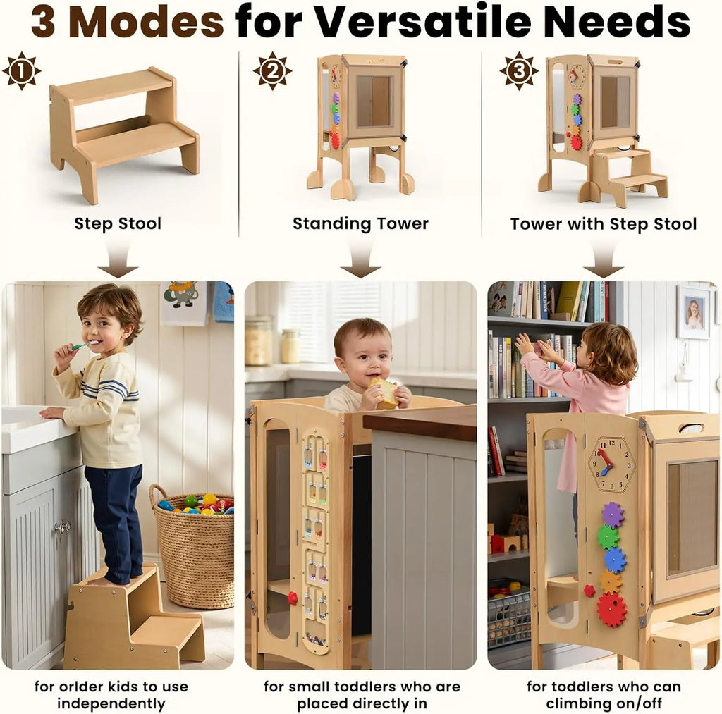 Toddler Tower/Foldable Toddler Kitchen Stool Helper with 2 Step Stool, Safety Net, Adjustable Height, Chalk-Whiteboard