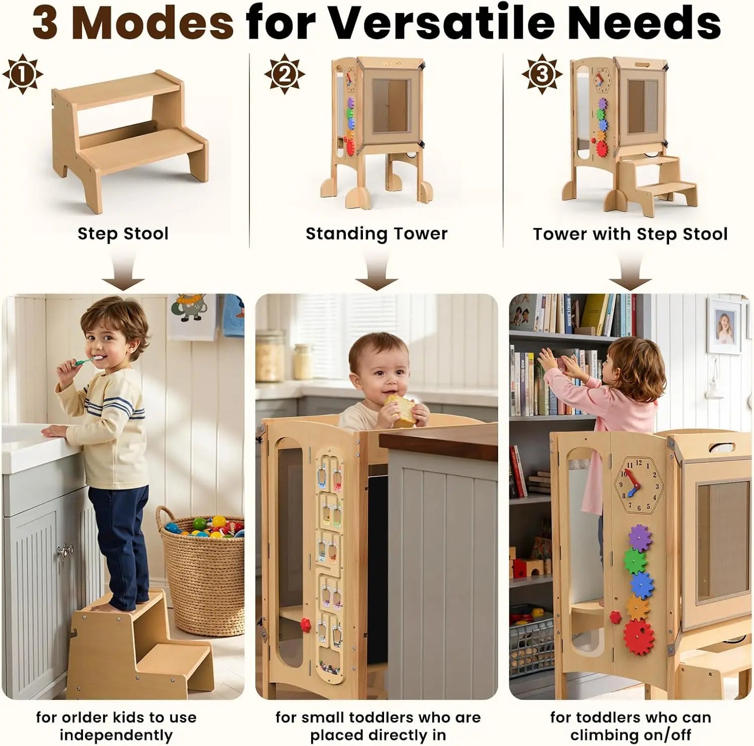 Toddler Tower/Foldable Toddler Kitchen Stool Helper with 2 Step Stool, Safety Net, Adjustable Height, Chalk-Whiteboard
