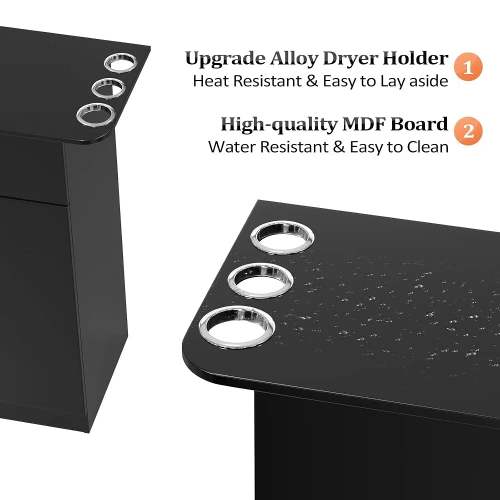 Salon Storage Station, Free Standing Cabinet with 1 Drawer, 1 Storage Cabinet, 6 Hair Dryer Holders for Hair Styling, Black