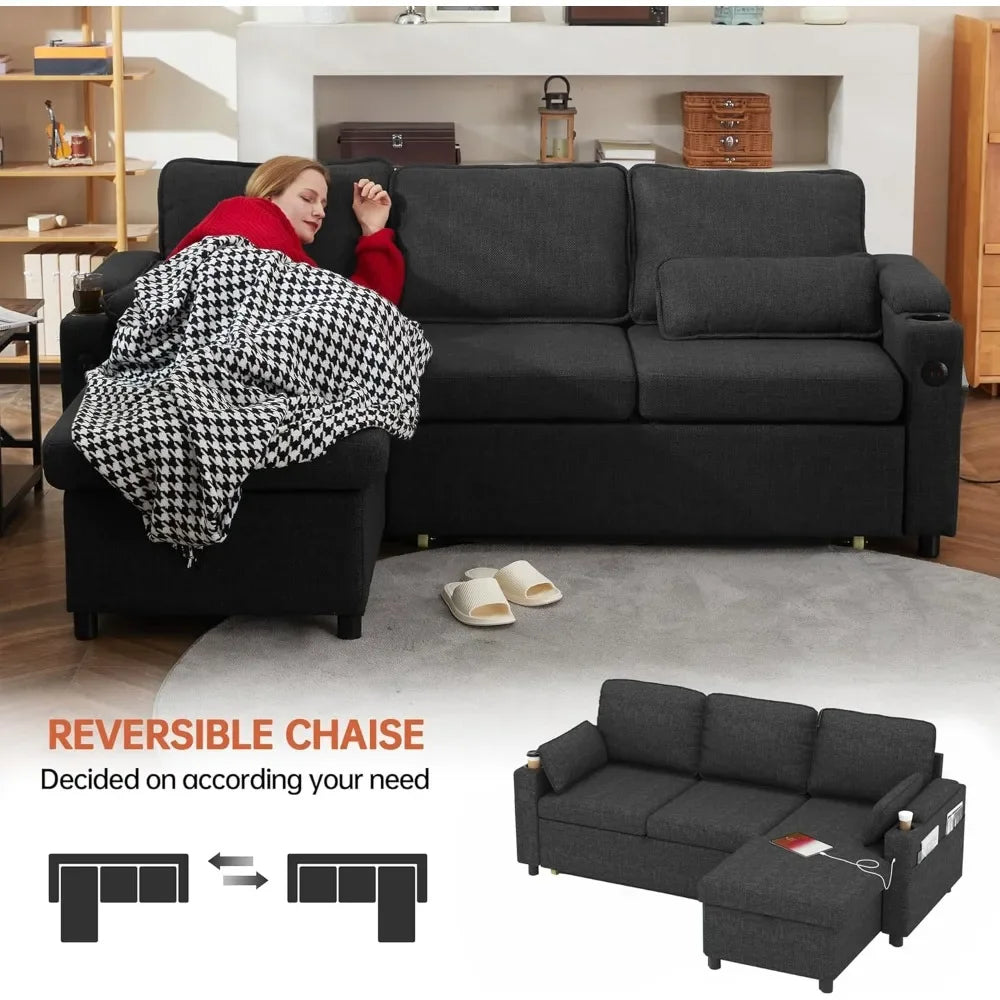 Dark Gray L-Shaped Sofa/ Bed with Storage Chaise, USB ports, and Cup Holders