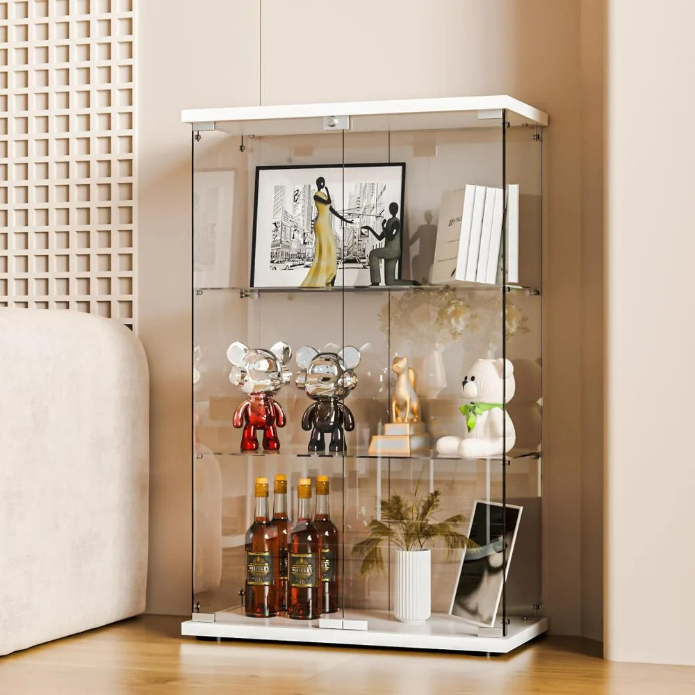 Glass Display Cabinet with Double Doors and Lock, Easy Assembly 3-Tier Curio Cabinet with 5mm Tempered Glass Floor
