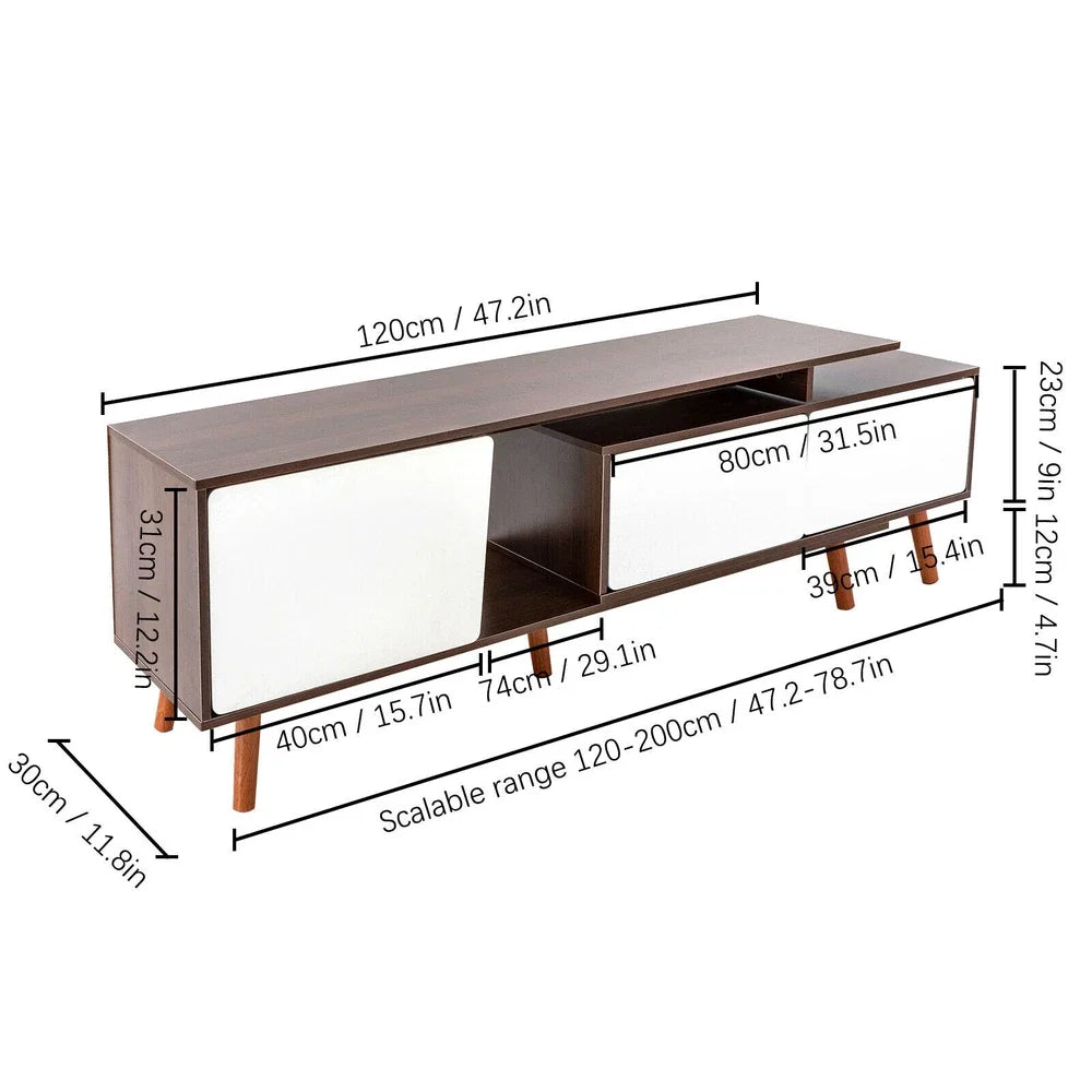 Adjustable Large-Capacity TV Cabinet TV Stand, Walnut & White, Solid Wood 47.2-78.7" Length, Modern Living Room Storage