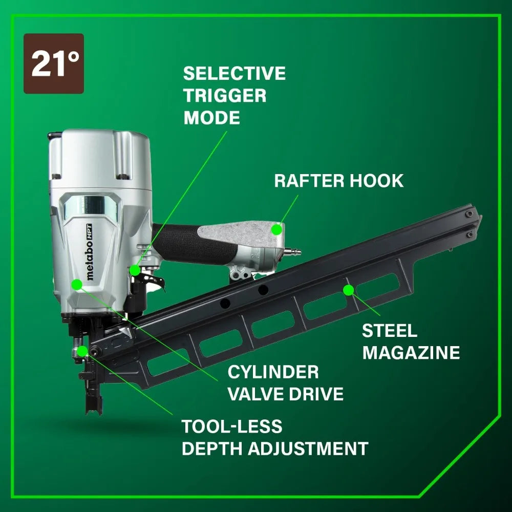 Professional Pneumatic Framing Nailer, 21° Plastic Collated Nails, Selectable Trigger & Rafter Hook for Flooring & Roof Decking