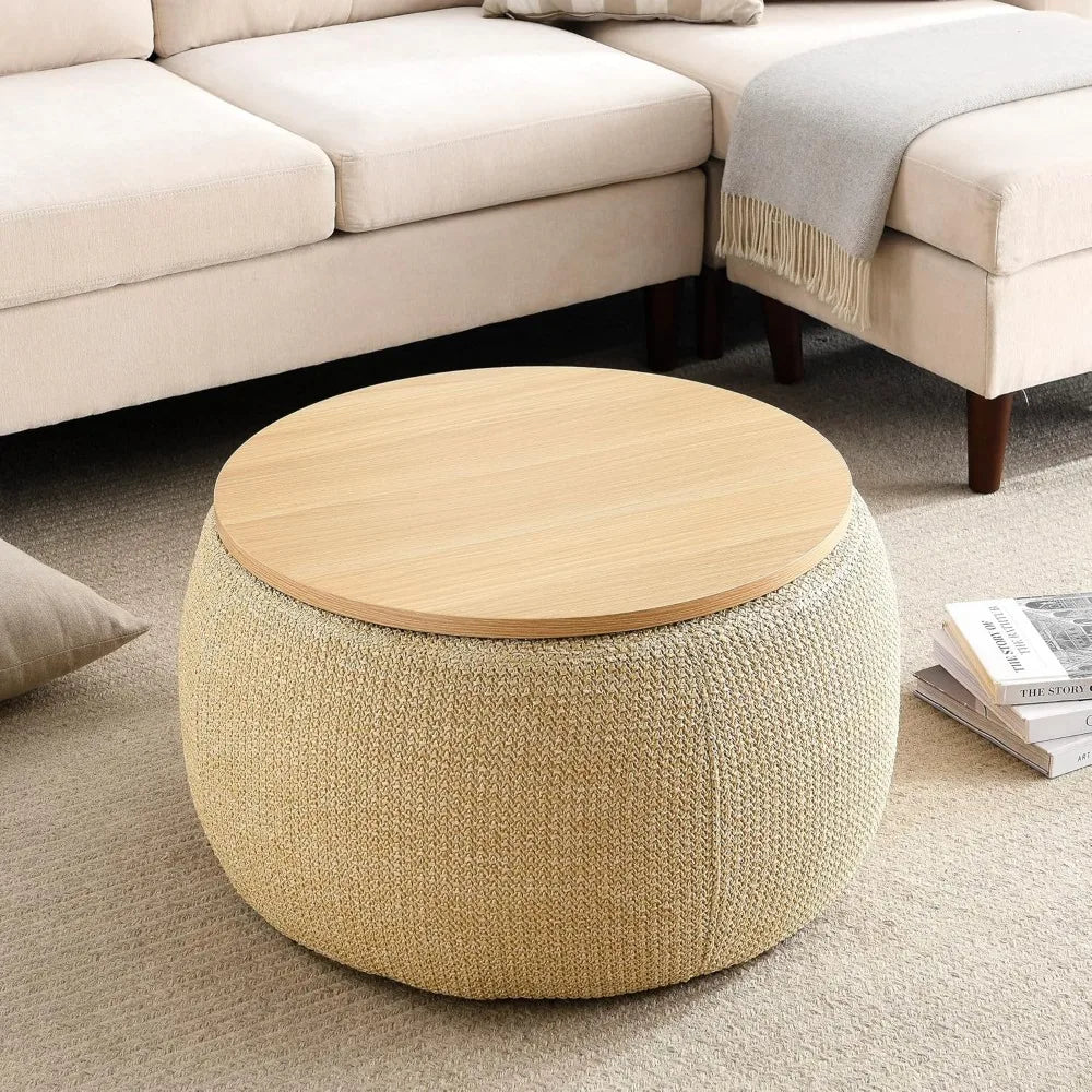 Modern Round Storage Ottoman with Wooden Lid, Circle Ottoman Handmade Ottoman Coffee Table, End Table & Footstool for Living Room