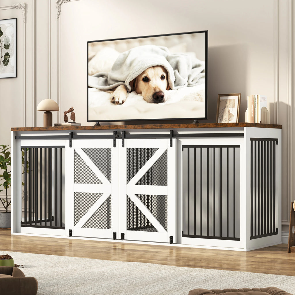 Farmhouse Dog Crate TV Stand, Wooden Dog Kennel Furniture with Sliding Metal Mesh Barn Door, 87'' Large Dog Crate Furniture