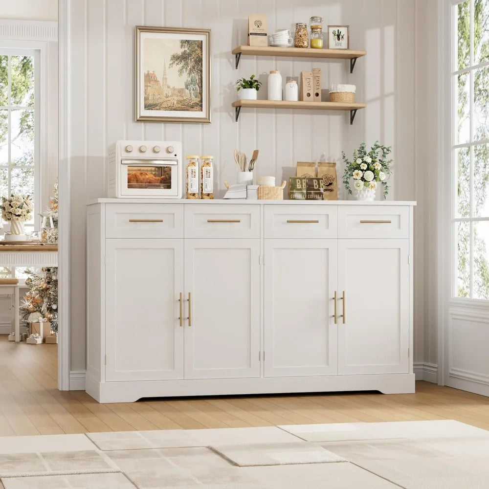 60" Modern Buffet Cabinet with 4 Drawers, Gold Handles, White Kitchen Storage Sideboard