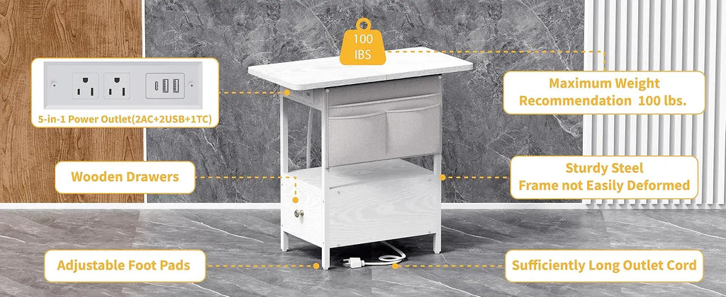 Small Side Table with Charging Station, Narrow Nightstand Bedside Tables with Storage Pocket for Living Room Bedroom, Sofa End Table