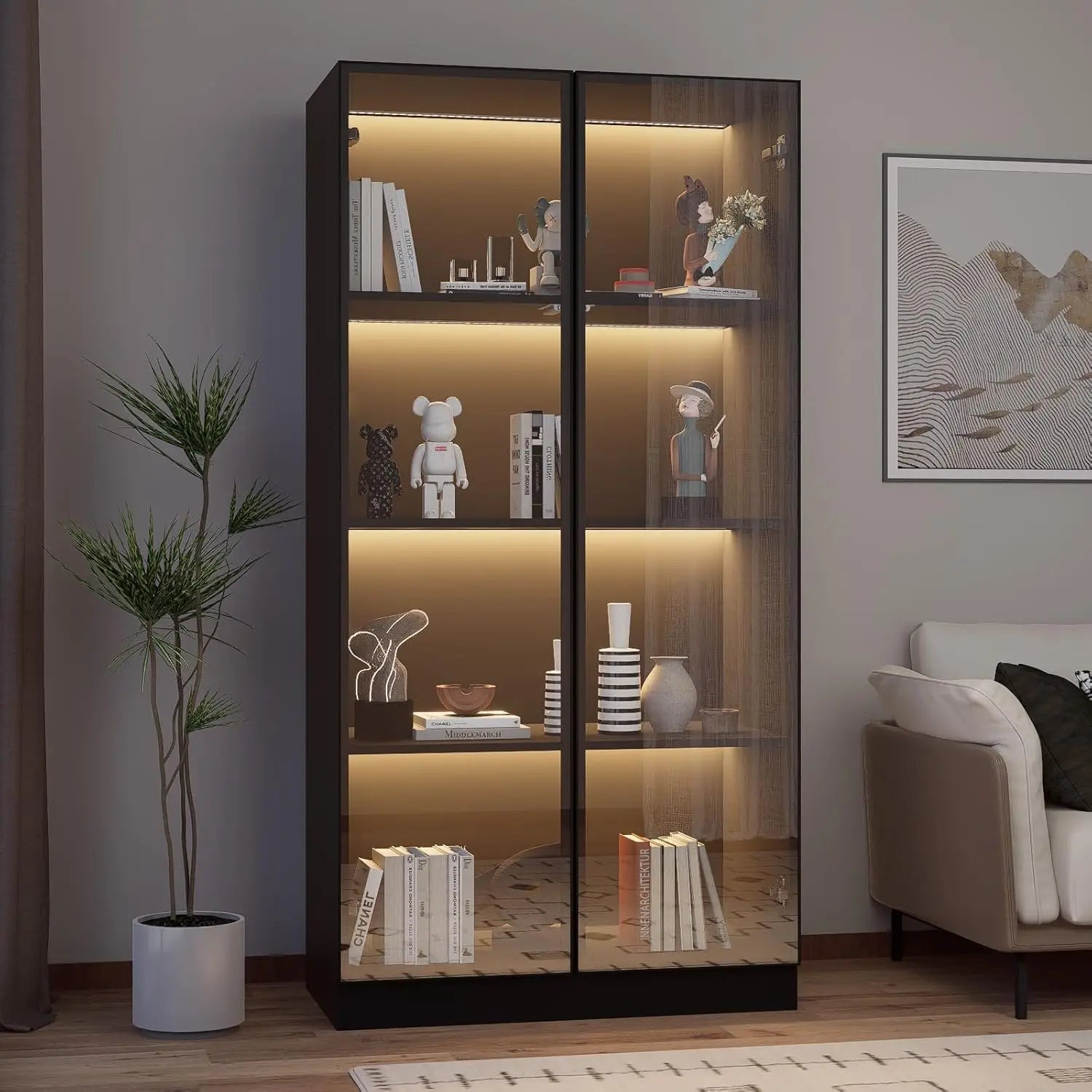 Glass Display Cabinet with LED Lights, Display Case Bookcase with 4-Tier Shelves, Curio Cabinet with 2 Glass Doors