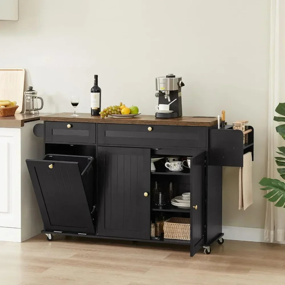 60" Kitchen Island with Power Outlet & Drop Leaf, Kitchen Rolling Island with Spice Rack & Towel Rack, Knife Holder