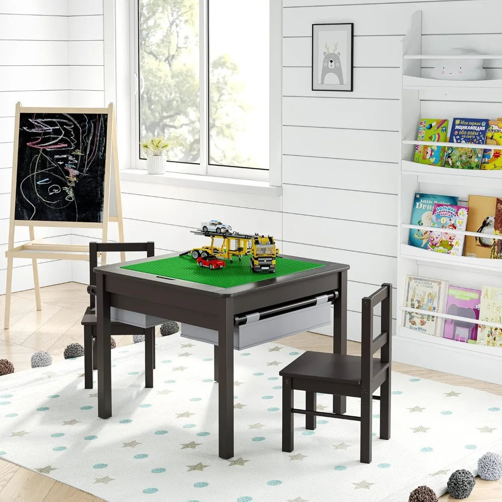 Wooden 2 in 1 Kids Construction Play Table and 2 Chairs Set with Storage Drawers, and Built in Plate for Lego and Dominos