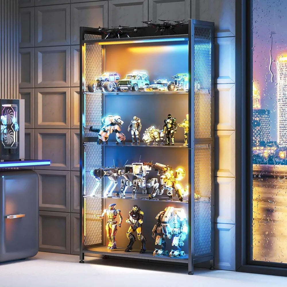LED Display Cabinet with Glass Shelves, 5-Tier RGB Lighting Curio Case for Collectibles Storage