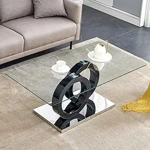 Glass Coffee Table, Coffee Table for Living Room, 47'' Modern Tempered Glass Tabletop with DoubleO MDF Leg and Silver Metal Base