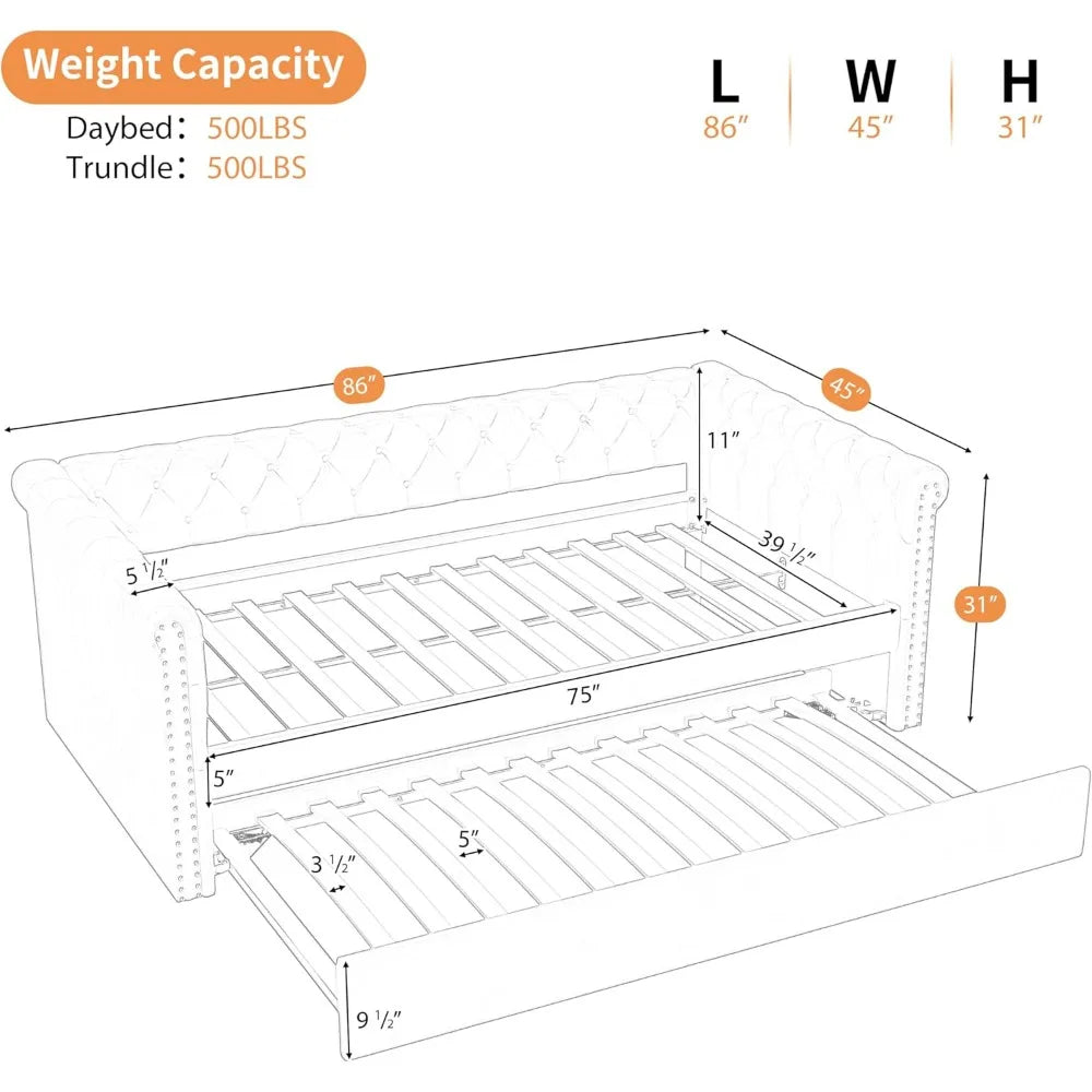 Modern Velvet Daybed with Trundle, Sofa Bed Featuring Tufted Button Design and Curved Armrests for Living Spaces and Bedrooms