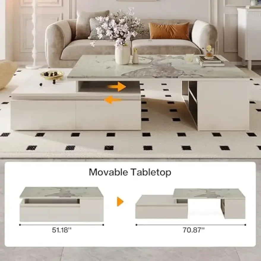 Extendable Tabletop Coffee Table with 4 Drawers & Storage Shelf, Modern from 51-Inch to 71-Inch Center Table for Living Room